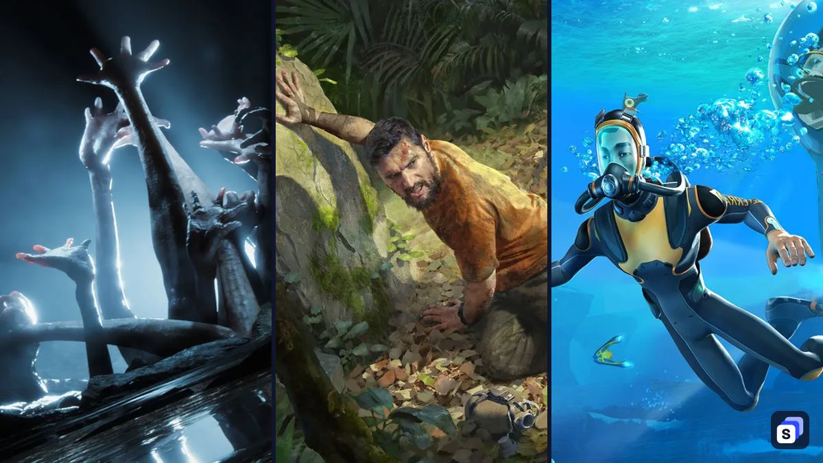 Key art from Sons Of The Forest, Green Hell and Subnautica