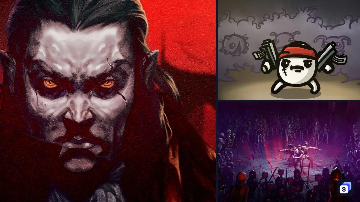 Artwork di Vampire Survivors accanto a Brotato e Halls of Torment, due giochi simili
