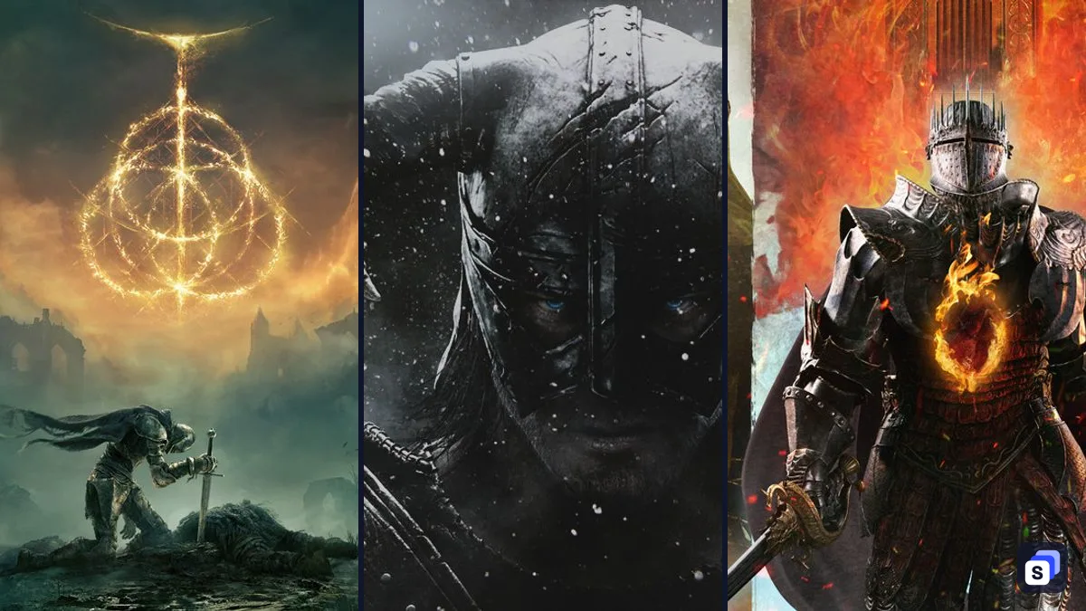 Key art from ELDEN RING, The Elder Scrolls V: Skyrim Special Edition and Dragon's Dogma 2