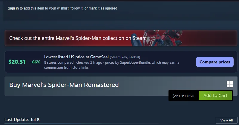 A Steam store page for Marvel's Spider-Man Remastered with the badge above the purchase box: $20.51, lowest listed US price at GameSeal, 8 stores compared, and a Compare prices button.